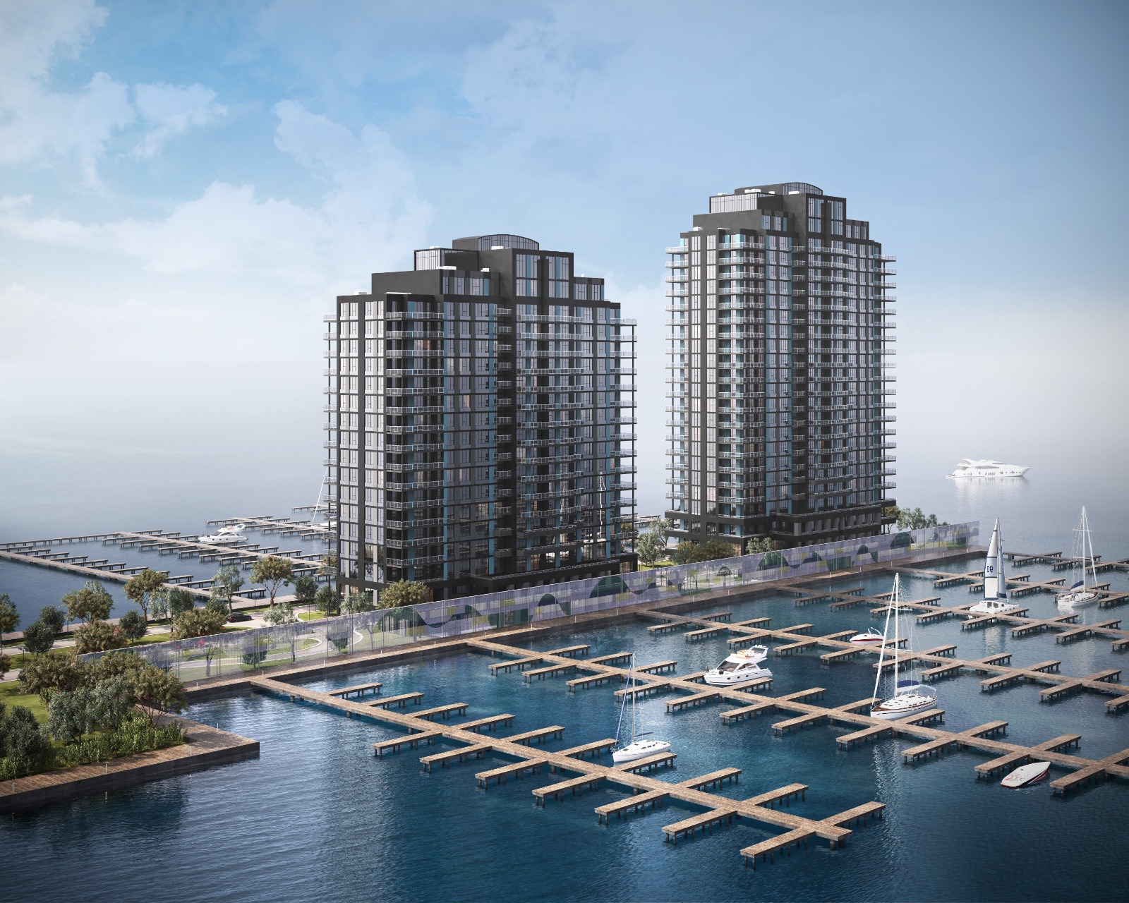Aerial rendering of 1110 King West and the marina